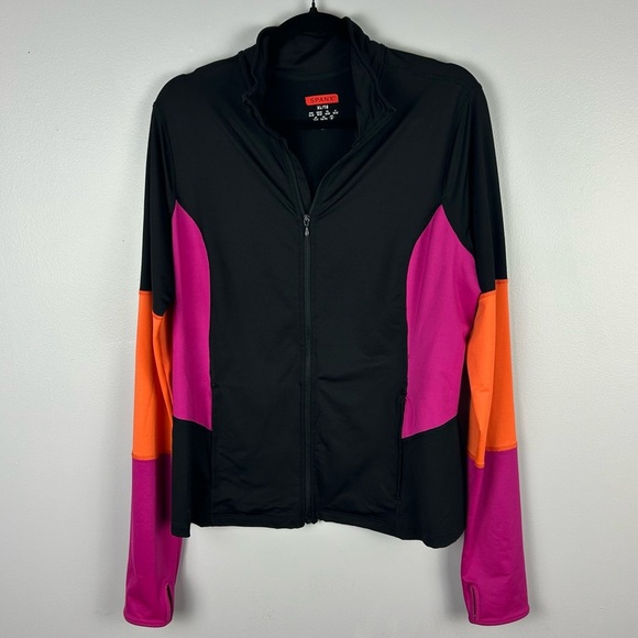 Spanx Mod Bod Black Neon Pink Orange Colorblock Full Zipped Jacket Size XL - Picture 2 of 9